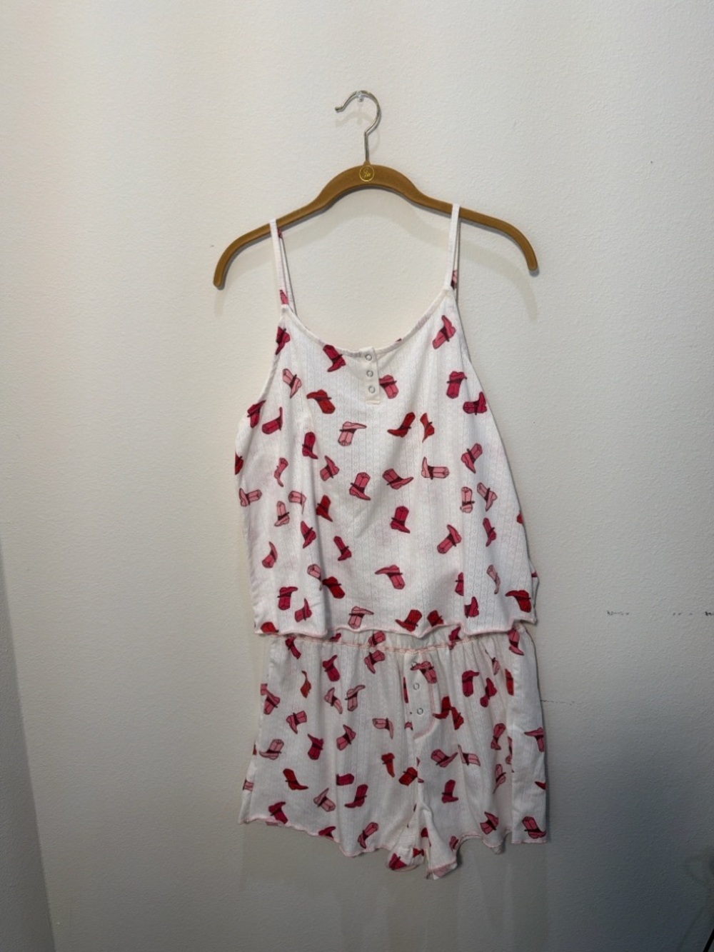 White Spaghetti-Strap Romper with Pink and Red Hat Print - Women's Pajama Set